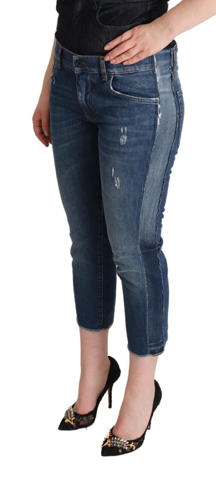 Dolce & Gabbana Blue Washed Mid Waist Denim Logo Cropped Jeans by Dolce & Gabbana