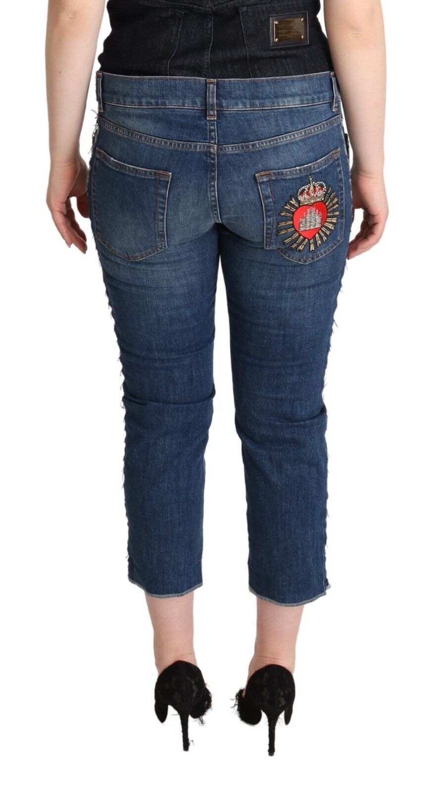 Dolce & Gabbana Blue Washed Mid Waist Denim Logo Cropped Jeans by Dolce & Gabbana