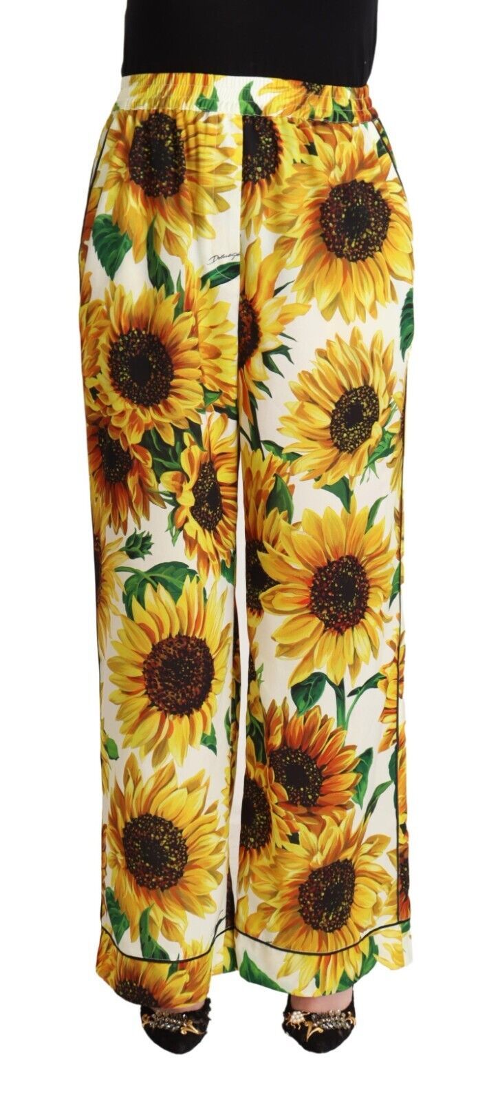 Dolce & Gabbana White Sunflower Print Mid Waist Wide Leg Pants by Dolce & Gabbana
