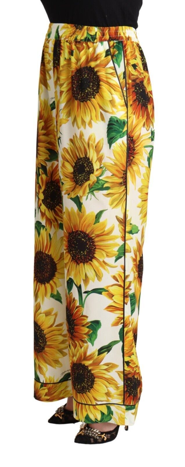 Dolce & Gabbana White Sunflower Print Mid Waist Wide Leg Pants by Dolce & Gabbana