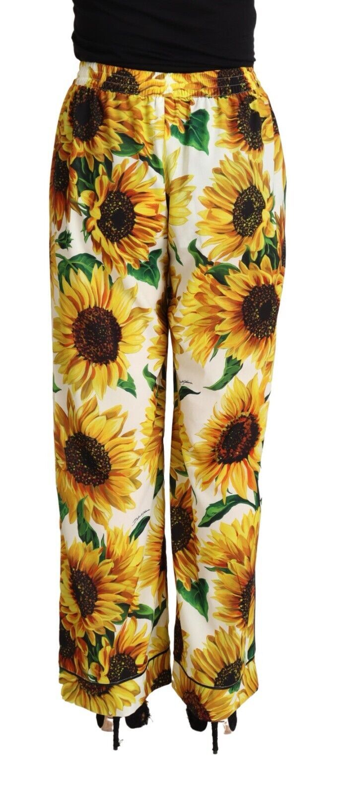 Dolce & Gabbana White Sunflower Print Mid Waist Wide Leg Pants by Dolce & Gabbana