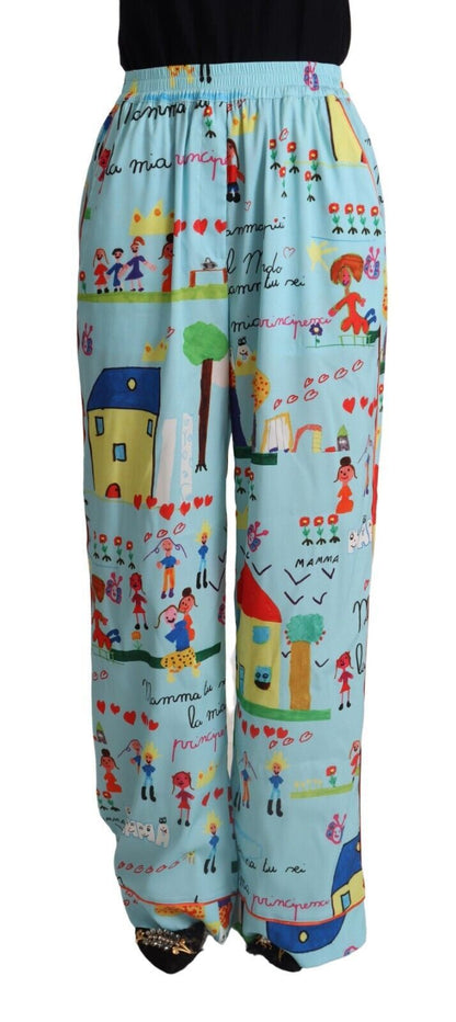 Dolce & Gabbana Light Blue Drawing Mid Waist Wide Leg Pants by Dolce & Gabbana