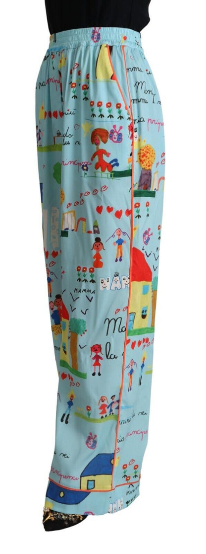 Dolce & Gabbana Light Blue Drawing Mid Waist Wide Leg Pants by Dolce & Gabbana