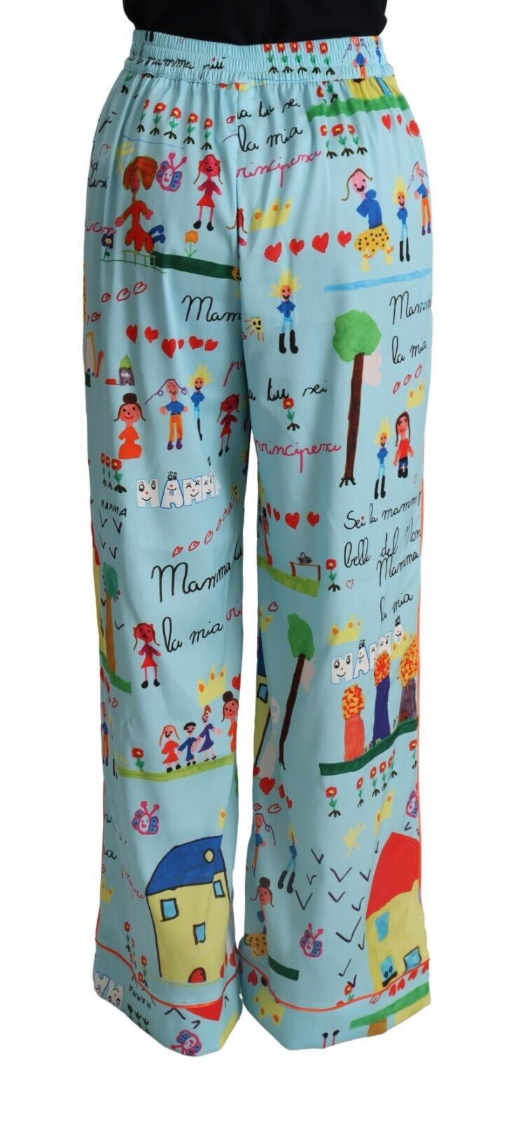 Dolce & Gabbana Light Blue Drawing Mid Waist Wide Leg Pants by Dolce & Gabbana