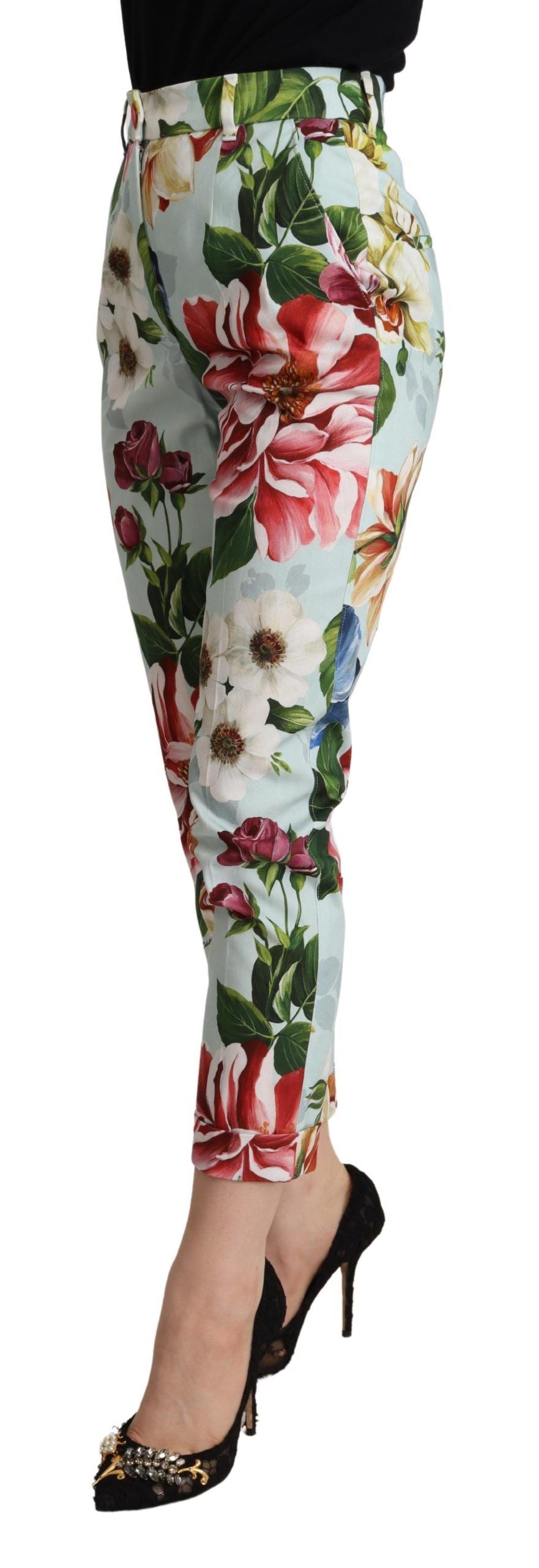 Dolce & Gabbana Light Blue Fiori Print Cotton Trouser Tapered Pants by Dolce & Gabbana