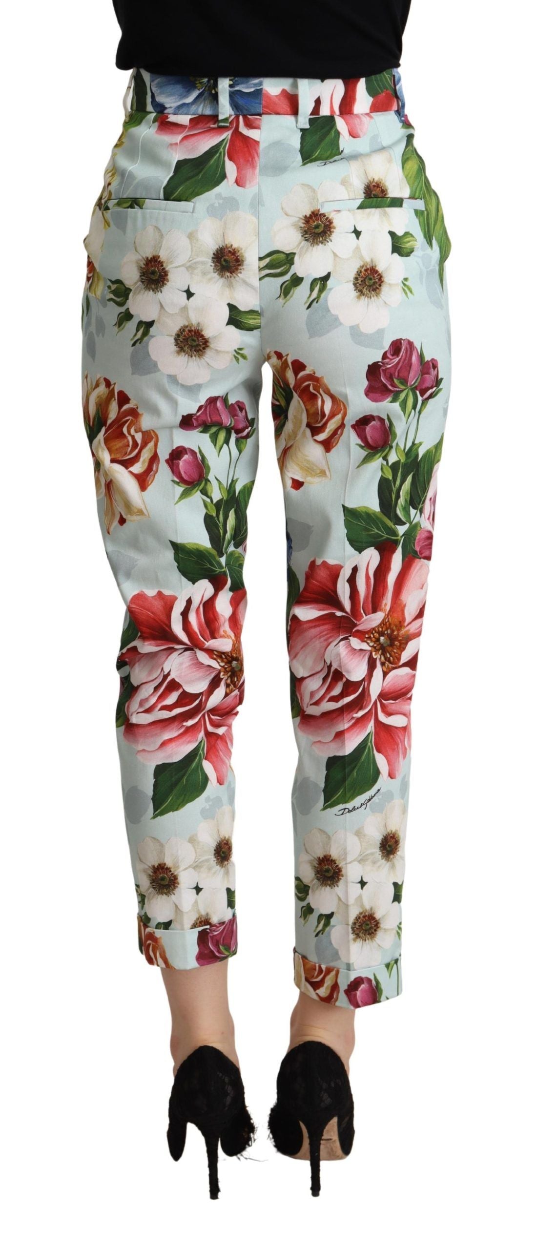 Dolce & Gabbana Light Blue Fiori Print Cotton Trouser Tapered Pants by Dolce & Gabbana