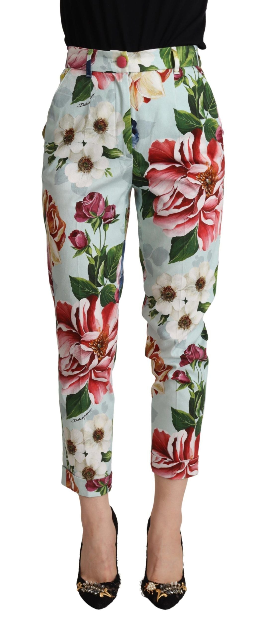 Dolce & Gabbana Light Blue Fiori Print Cotton Trouser Tapered Pants by Dolce & Gabbana