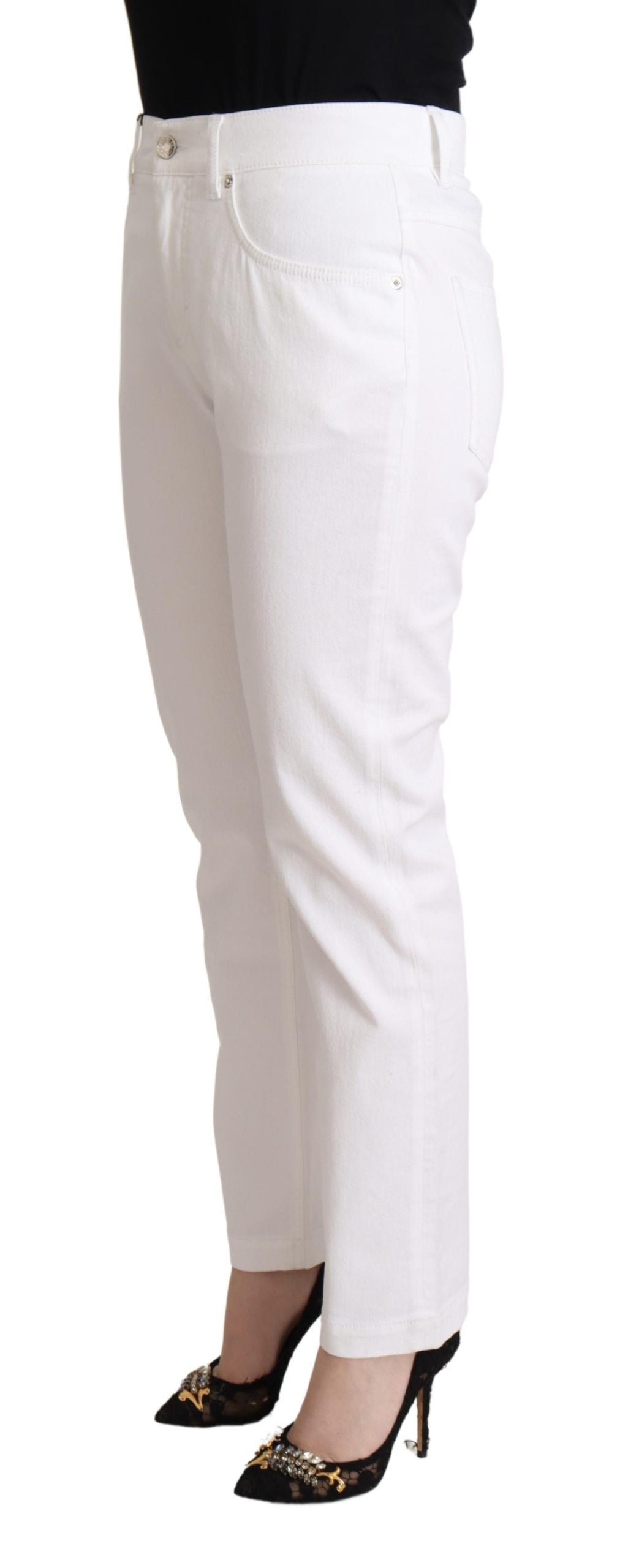 Dolce & Gabbana White Cotton Mid Waist Denim Tapered Jeans by Dolce & Gabbana