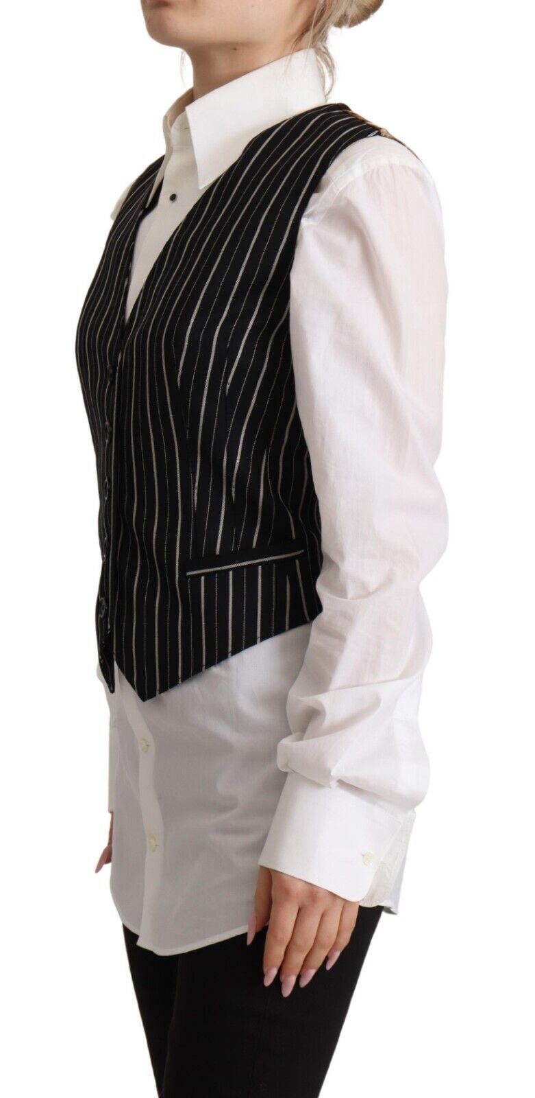 Dolce &amp; Gabbana Black Stripes Wool V-neck Sleeveless Button Vest Top