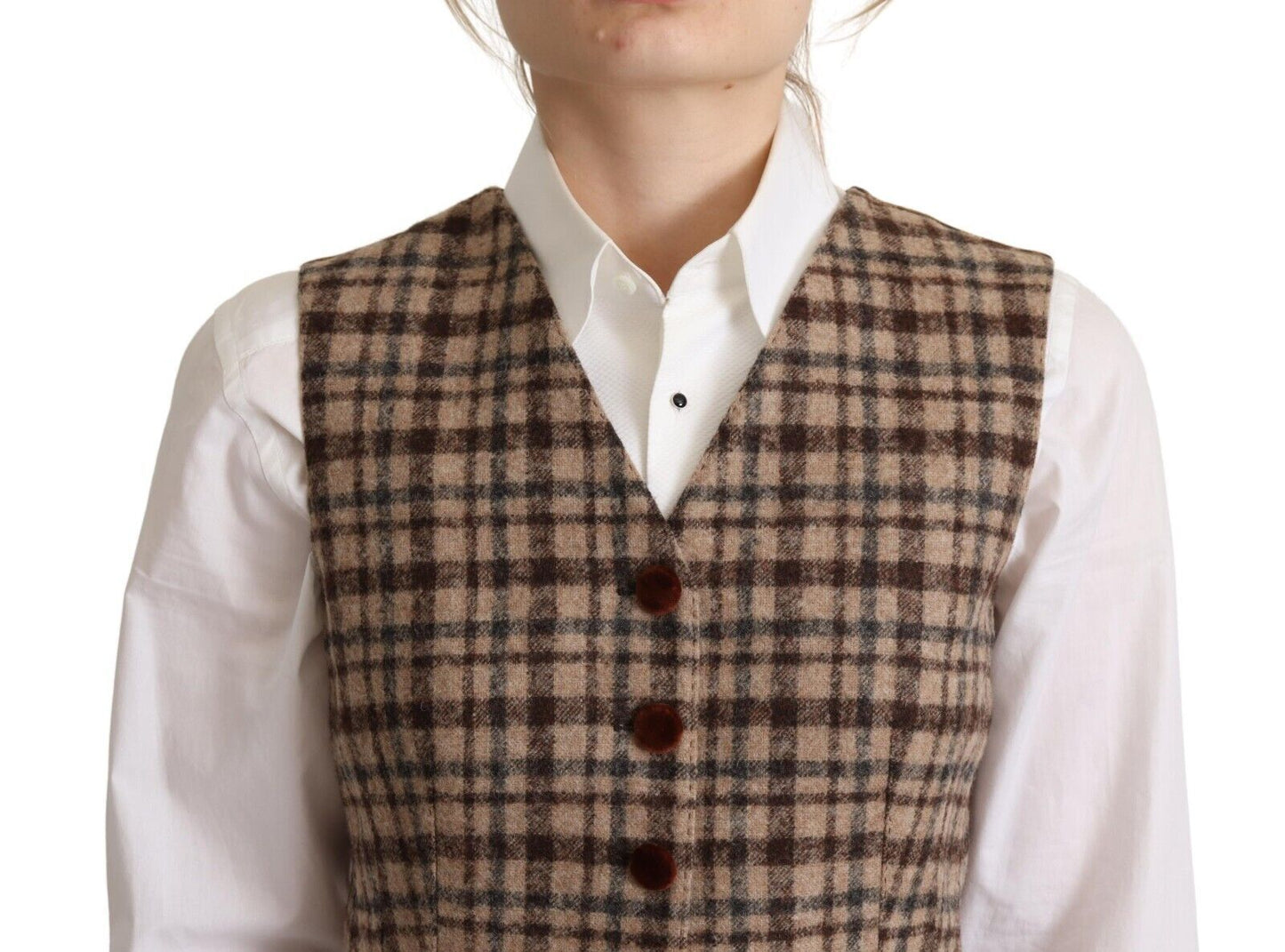Dolce &amp; Gabbana Brown Checkered Leopard V-neck Sleeveless Vest Top