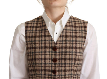 Dolce &amp; Gabbana Brown Checkered Leopard V-neck Sleeveless Vest Top