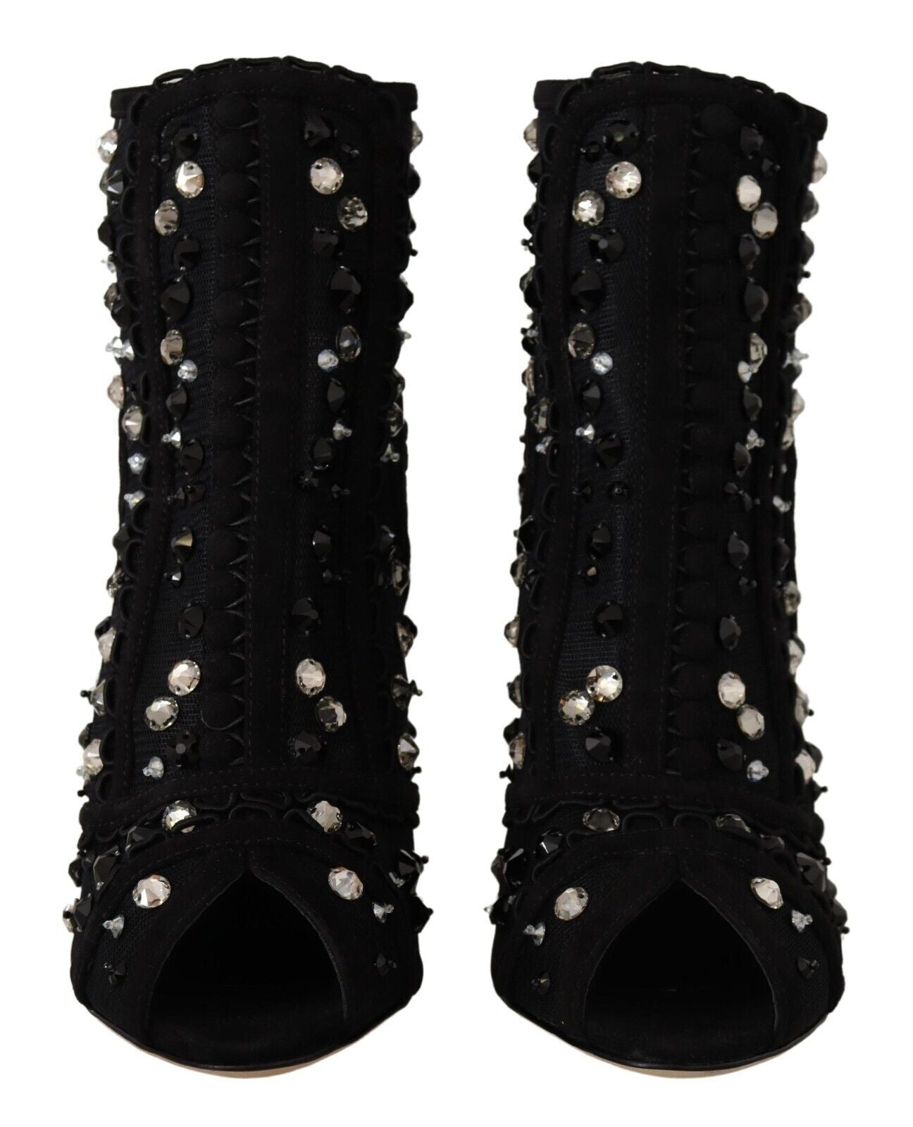 Dolce &amp; Gabbana Black Crystals Heels Zipper Short Boots Shoes