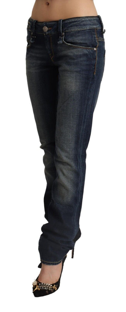Eight Dark Blue Washed Cotton Skinny Denim Low Waist Jeans