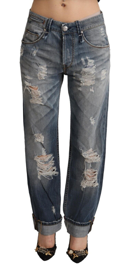 Eight Blue Tattered Mid Waist Straight Denim Cotton Jeans