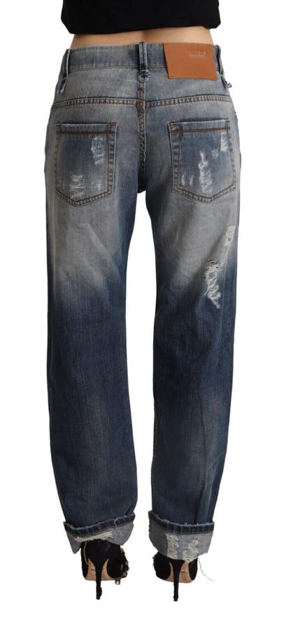 Eight Blue Tattered Mid Waist Straight Denim Cotton Jeans