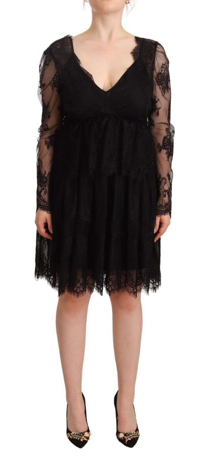 Aniye By Black Floral Lace Cotton Long Sleeves V-neck Shift Dress by Aniye By