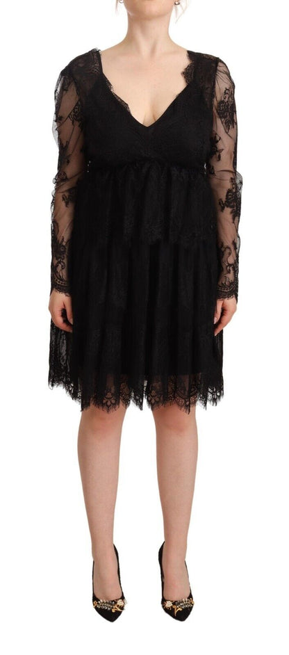 Aniye By Black Floral Lace Cotton Long Sleeves V-neck Shift Dress by Aniye By