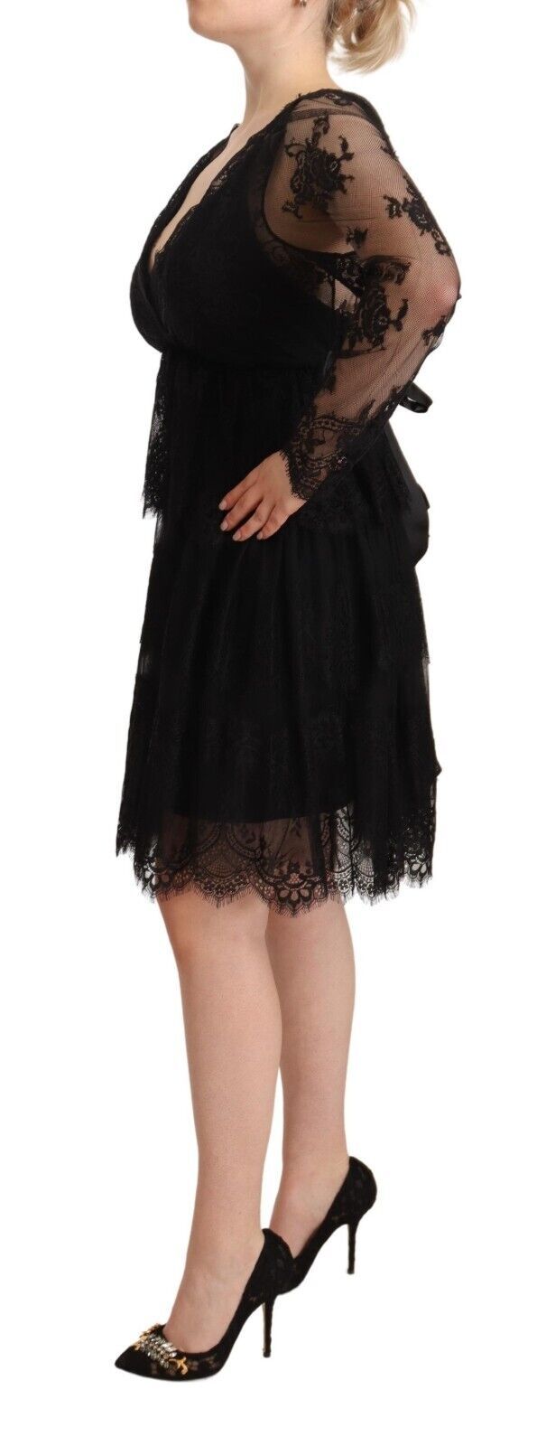 Aniye By Black Floral Lace Cotton Long Sleeves V-neck Shift Dress by Aniye By