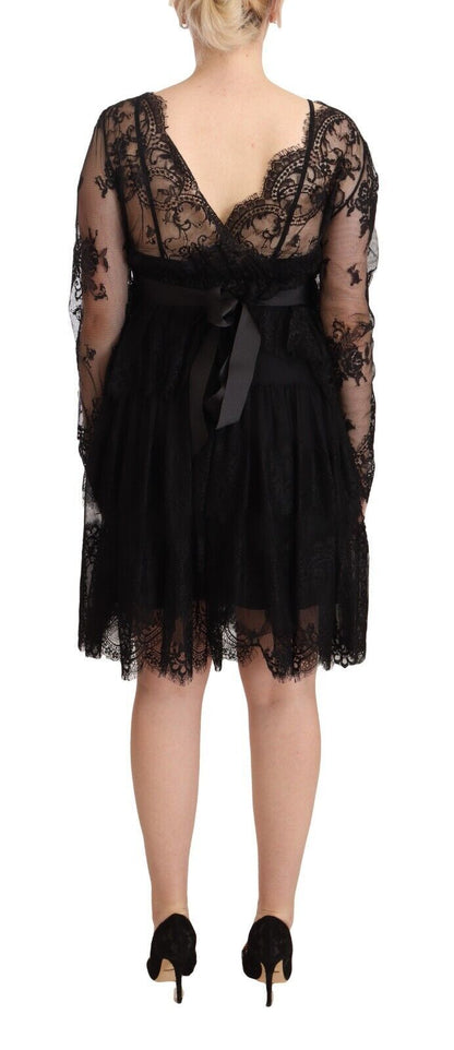 Aniye By Black Floral Lace Cotton Long Sleeves V-neck Shift Dress by Aniye By