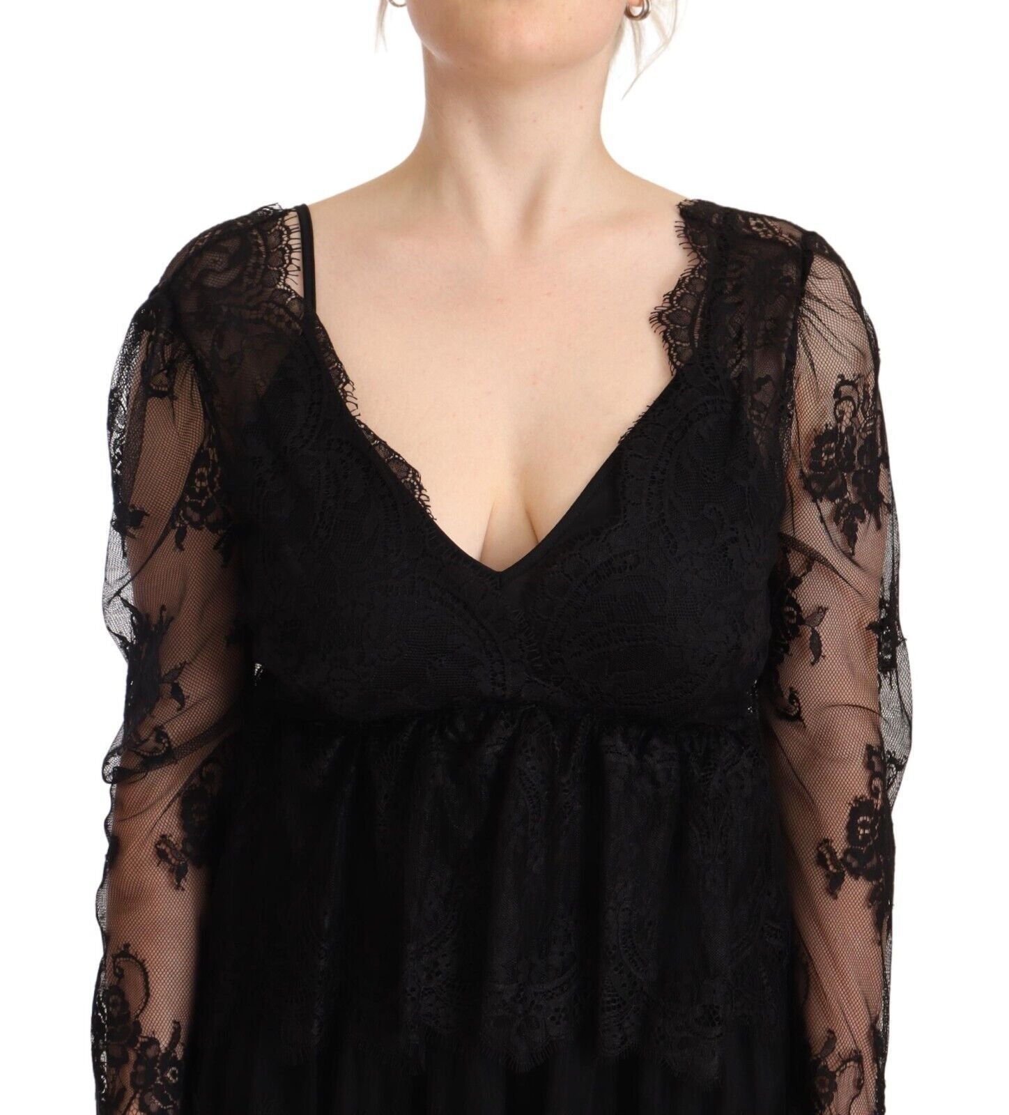 Aniye By Black Floral Lace Cotton Long Sleeves V-neck Shift Dress by Aniye By