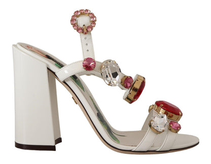 Dolce &amp; Gabbana White Leather Crystal Keira Heels Sandals Shoes
