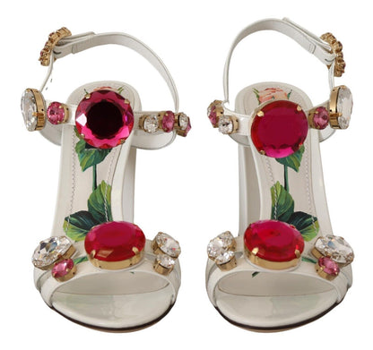 Dolce &amp; Gabbana White Leather Crystal Keira Heels Sandals Shoes