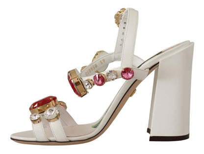 Dolce &amp; Gabbana White Leather Crystal Keira Heels Sandals Shoes