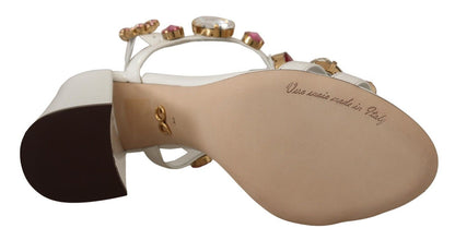 Dolce &amp; Gabbana White Leather Crystal Keira Heels Sandals Shoes