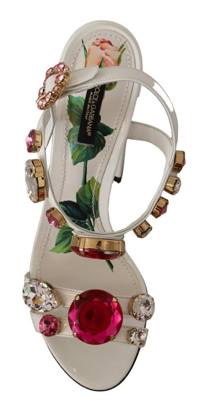 Dolce &amp; Gabbana White Leather Crystal Keira Heels Sandals Shoes