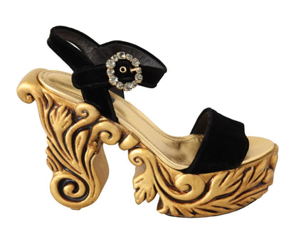 Dolce &amp; Gabbana Black Gold Baroque Velvet Heels Crystal Shoes