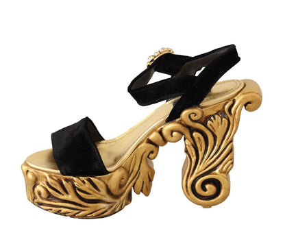 Dolce &amp; Gabbana Black Gold Baroque Velvet Heels Crystal Shoes