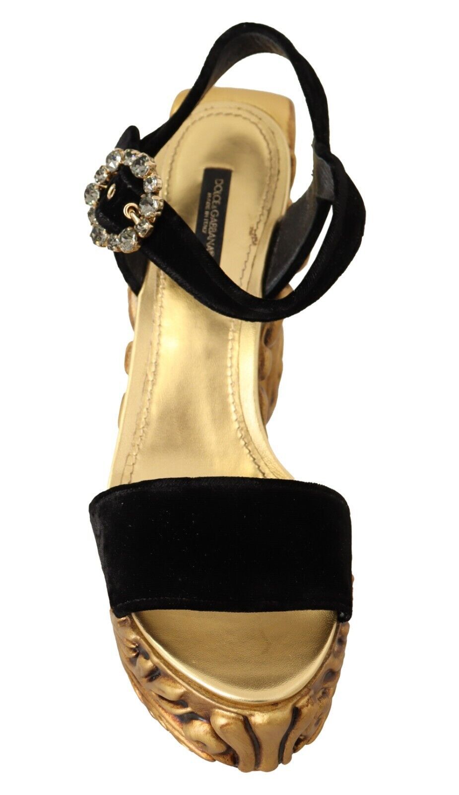Dolce &amp; Gabbana Black Gold Baroque Velvet Heels Crystal Shoes