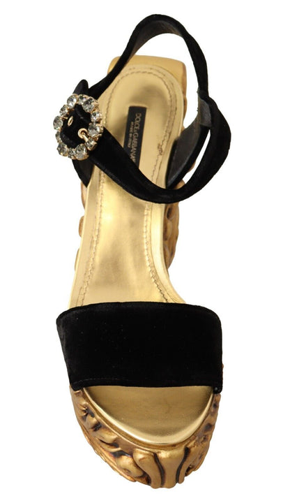 Dolce &amp; Gabbana Black Gold Baroque Velvet Heels Crystal Shoes