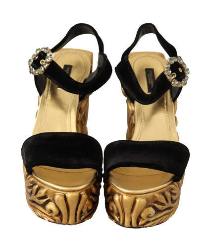Dolce &amp; Gabbana Black Gold Baroque Velvet Heels Crystal Shoes