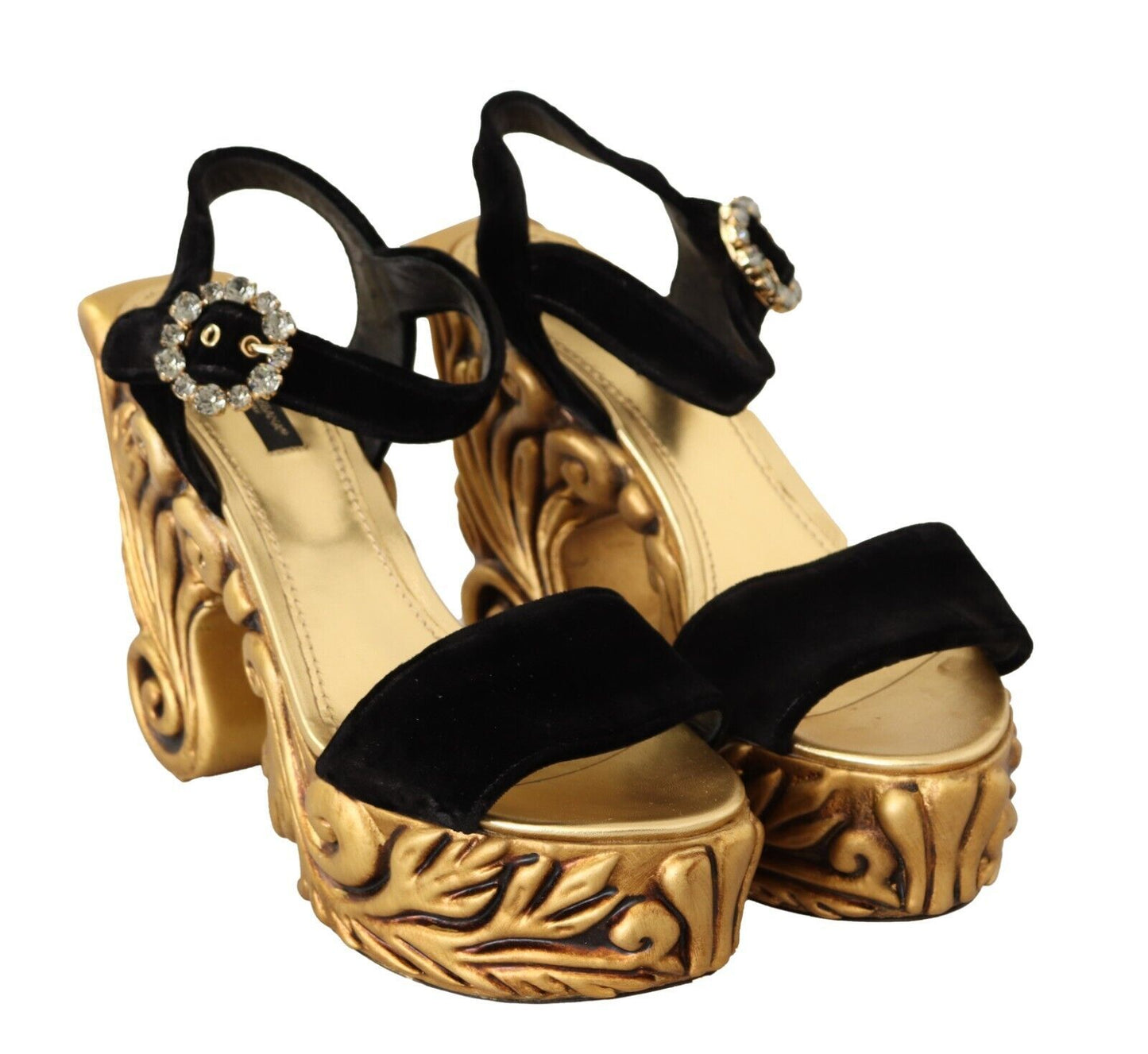 Dolce &amp; Gabbana Black Gold Baroque Velvet Heels Crystal Shoes