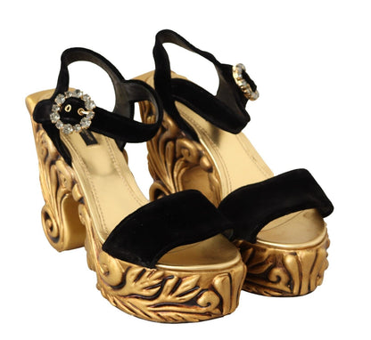 Dolce &amp; Gabbana Black Gold Baroque Velvet Heels Crystal Shoes