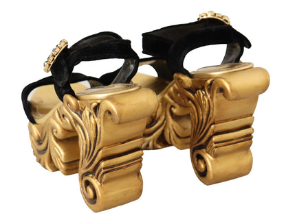 Dolce &amp; Gabbana Black Gold Baroque Velvet Heels Crystal Shoes