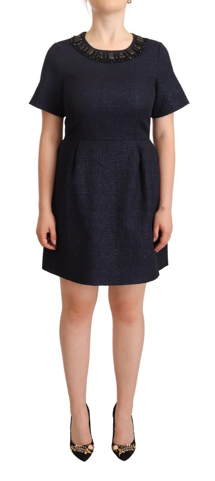 L'Autre Chose Black Embellished Short Sleeves Mini A-line Dress by L'Autre Chose