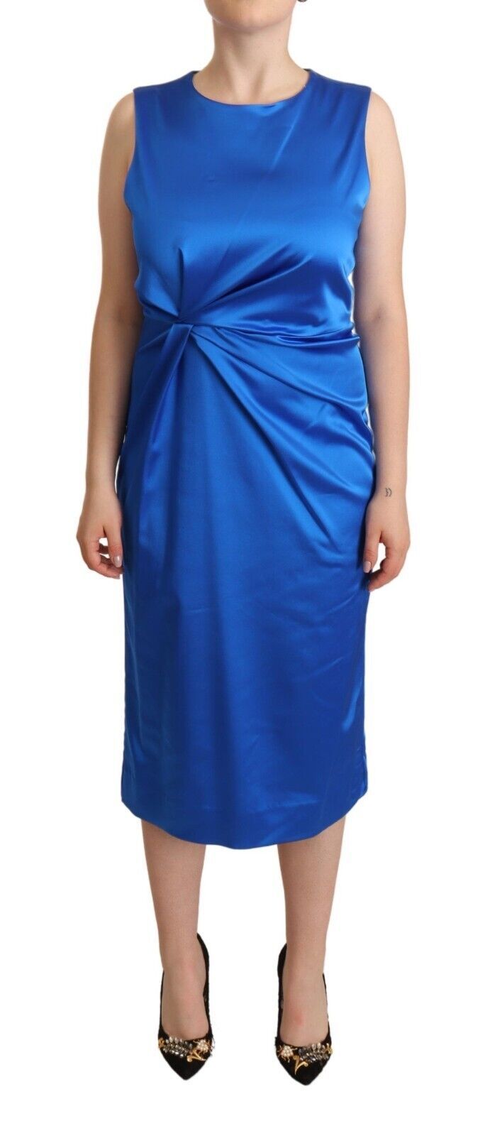 P.A.R.O.S.H. Blue Acetate Sleeveless Pleated Midi Sheath Dress by P.A.R.O.S.H.