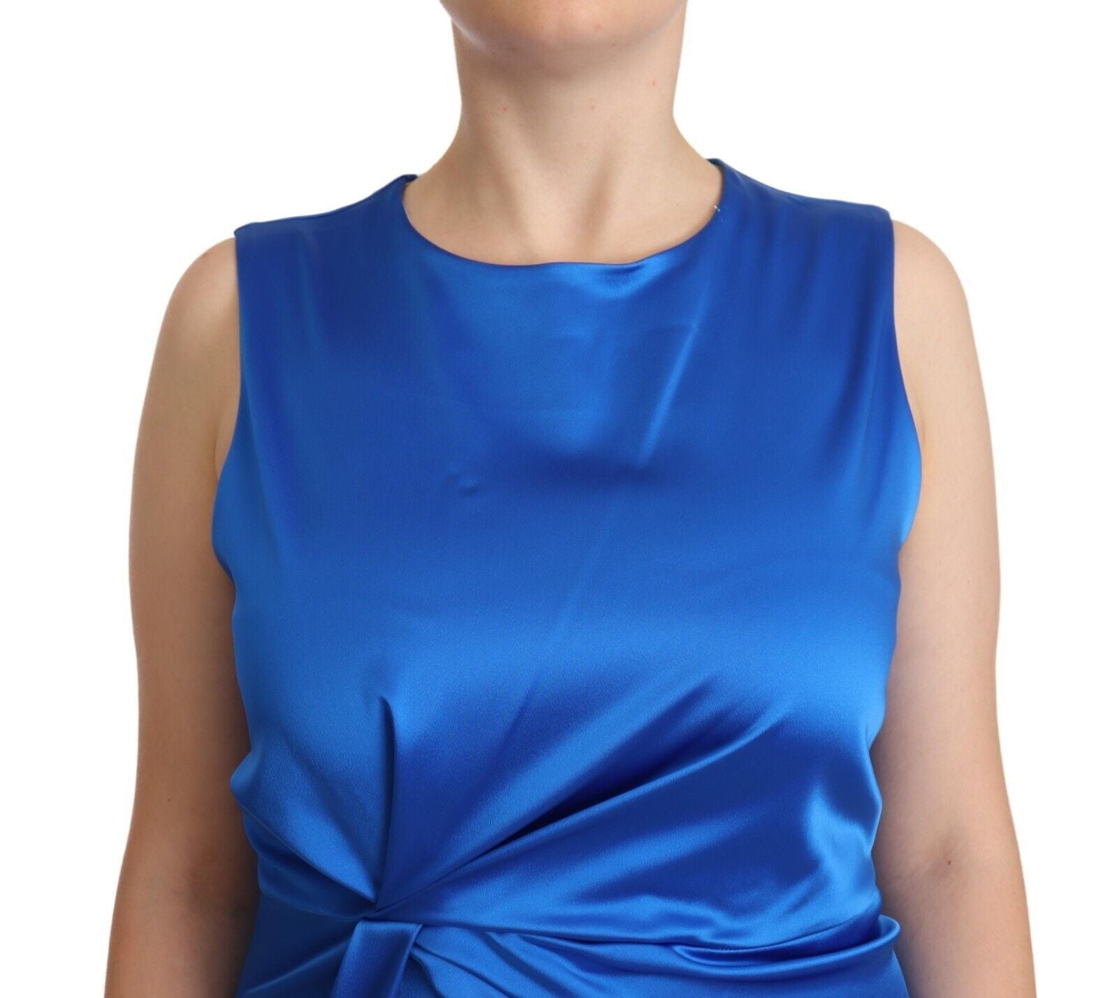 P.A.R.O.S.H. Blue Acetate Sleeveless Pleated Midi Sheath Dress by P.A.R.O.S.H.