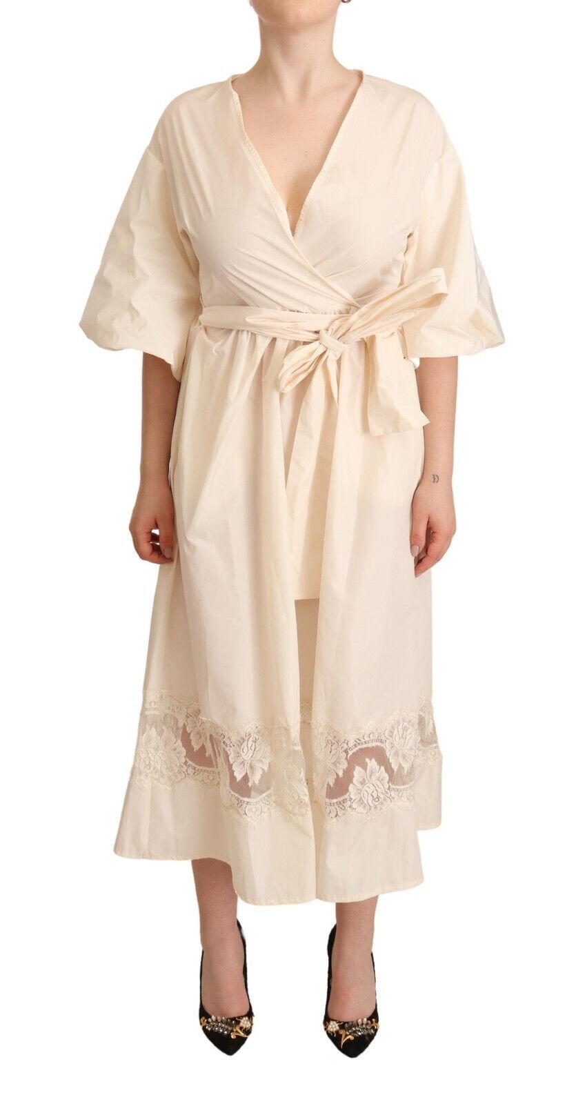 PINK MEMORIES Off White Short Sleeves Maxi A-line Wrap Dress by PINK MEMORIES