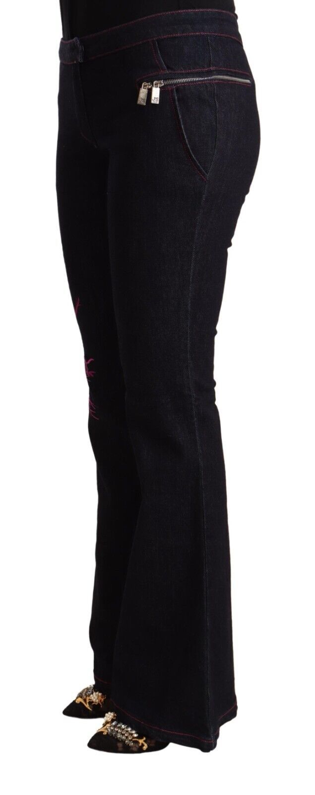 Exte Black Cotton Mid Waist Cotton Flared Jeans by Exte