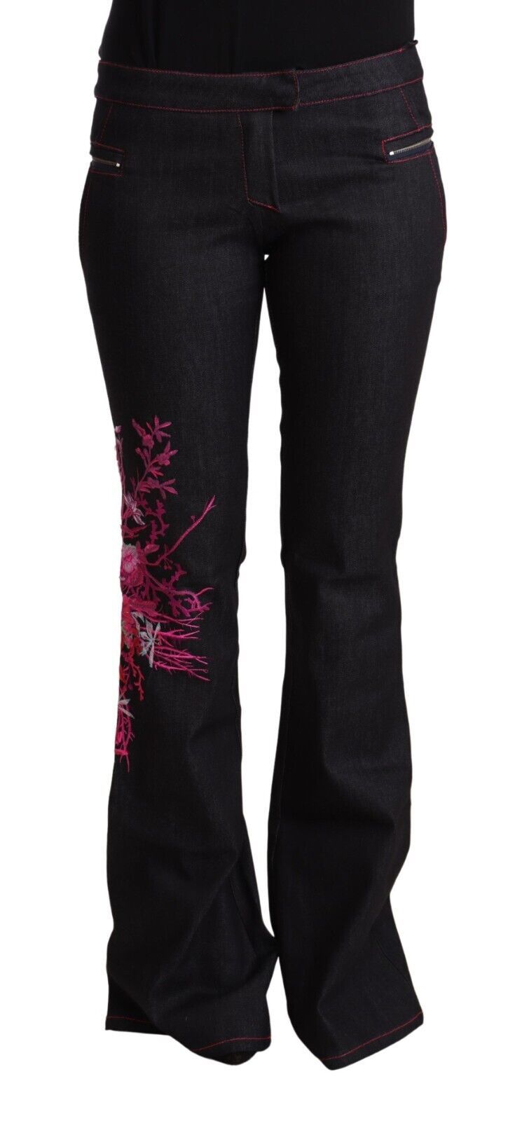 Exte Black Cotton Stretch Mid Waist Cotton Flared Denim Jeans by Exte