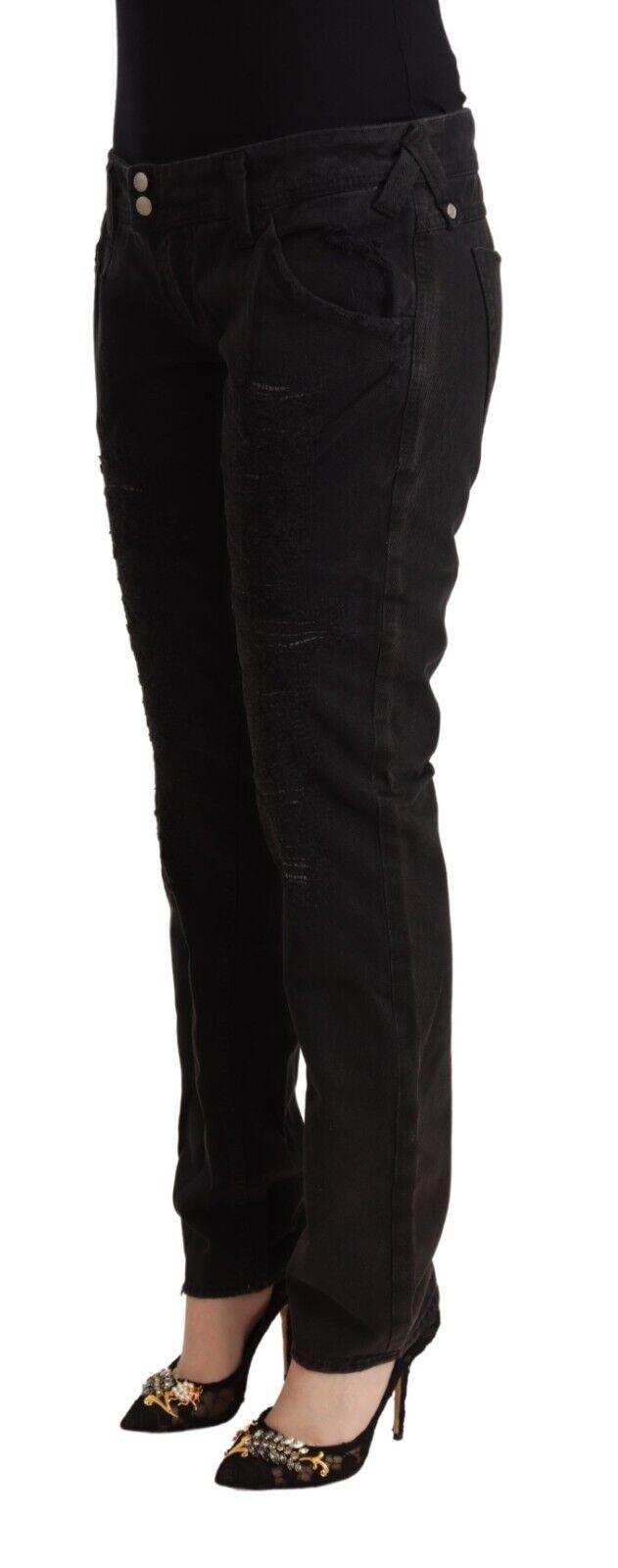CYCLE Black Cotton Distressed Low Waist Slim Fit Denim Jeans by CYCLE