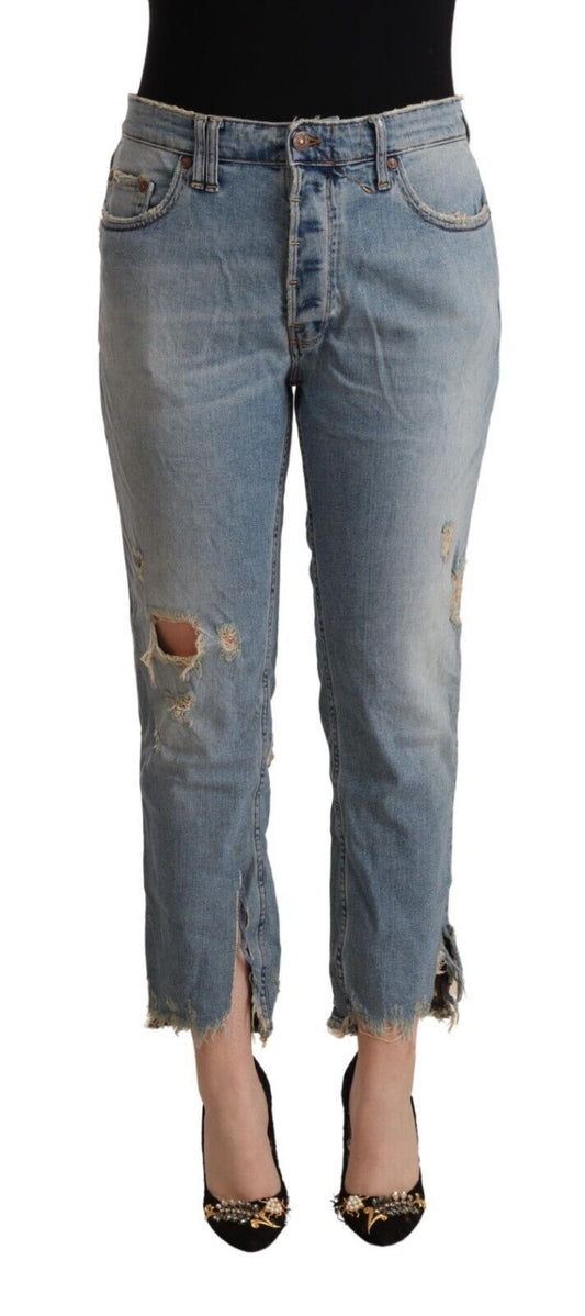 CYCLE Light Blue Distressed Mid Waist Cropped Denim Jeans by CYCLE