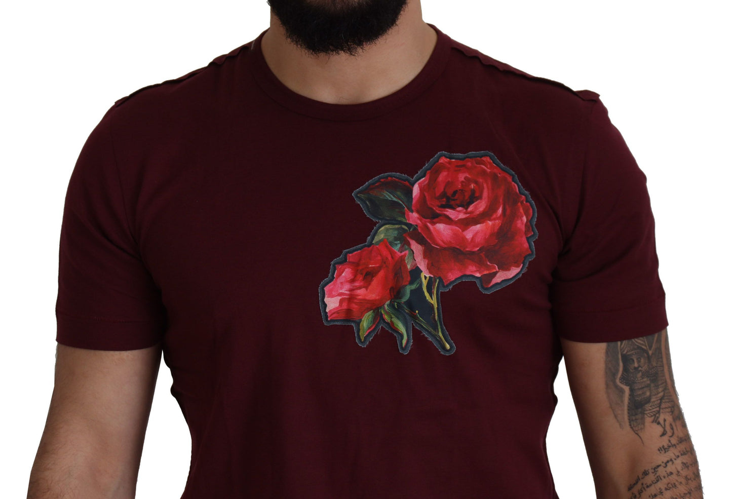 T-shirt ras du cou élégant Dolce &amp; Gabbana à motif roses bordeaux