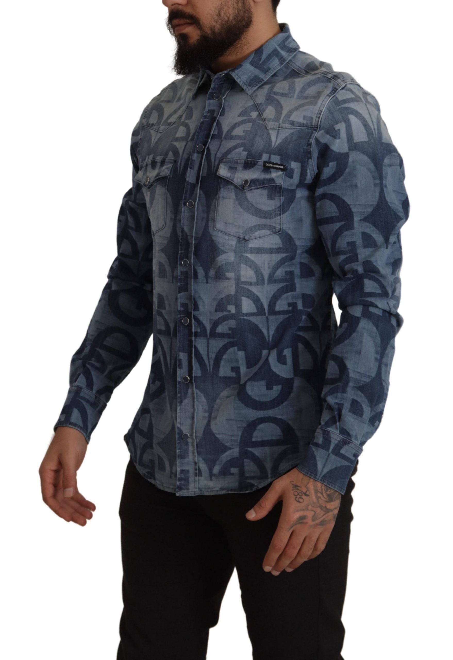 Dolce & Gabbana Blue Denim Stretch DG Logo Casual Mens Slim Shirt by Dolce & Gabbana