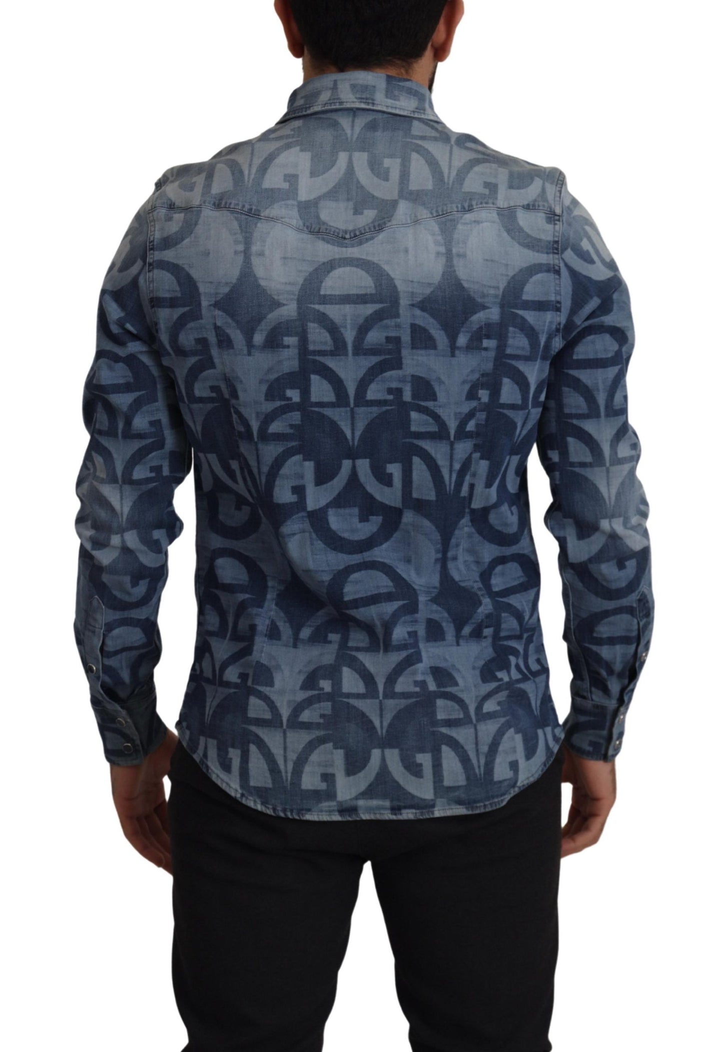 Dolce & Gabbana Blue Denim Stretch DG Logo Casual Mens Slim Shirt by Dolce & Gabbana