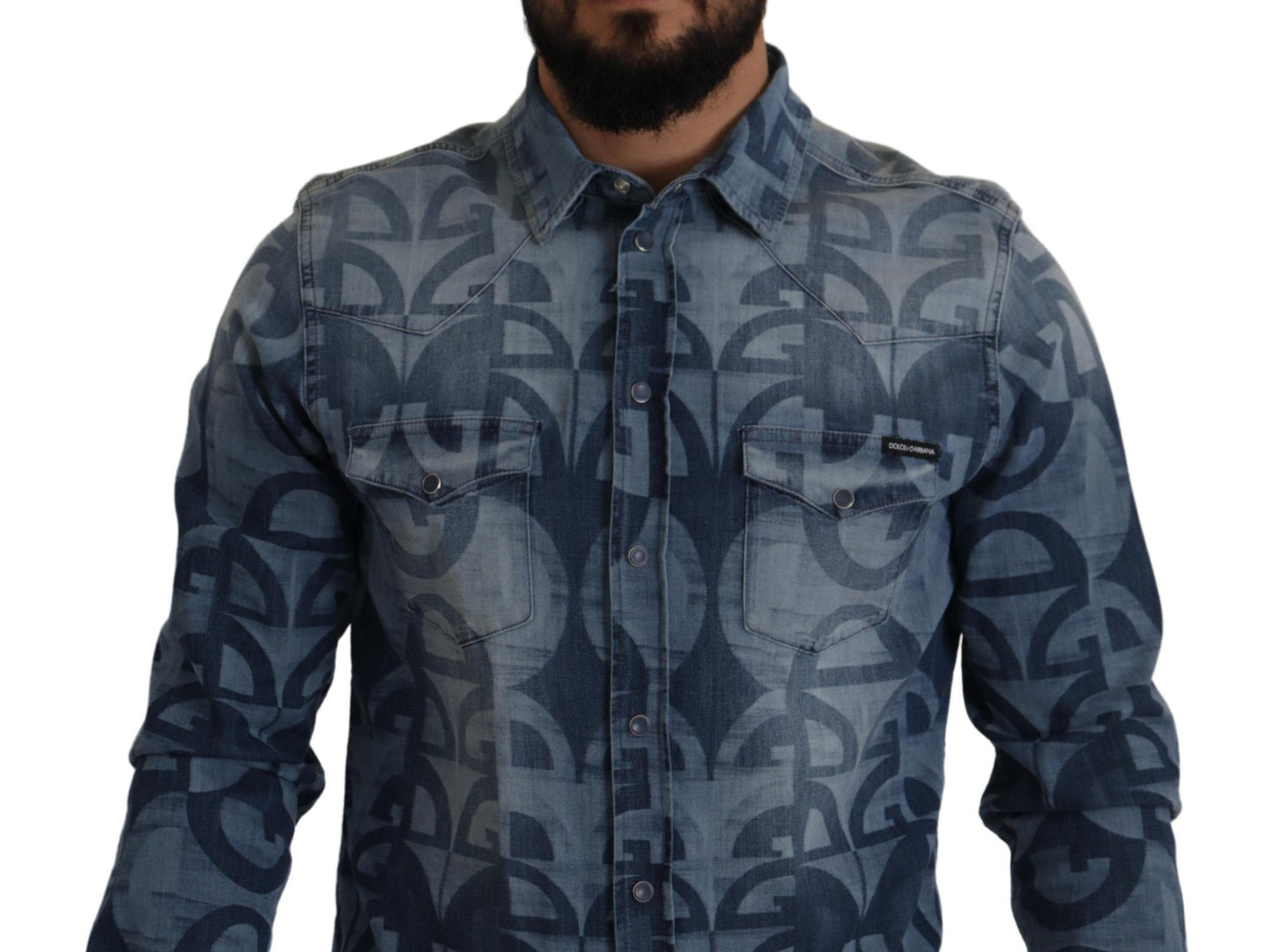 Dolce & Gabbana Blue Denim Stretch DG Logo Casual Mens Slim Shirt by Dolce & Gabbana