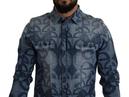 Dolce & Gabbana Blue Denim Stretch DG Logo Casual Mens Slim Shirt by Dolce & Gabbana